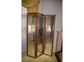 (#28) Privacy Screen 3 Panel Beveled Mirror Gold Framed