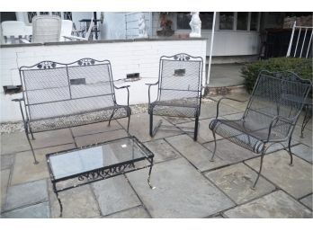 Vintage Outdoor Black Metal Seating Set (4) Love-Seat, Rocker Chair, Chair, Metal Coffee Table