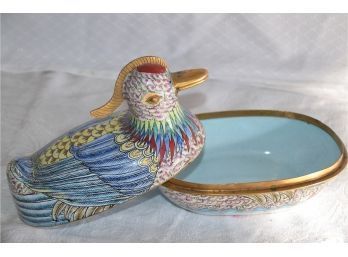 (#91) Enamel Hand Painted Covered Duck Dish 6'