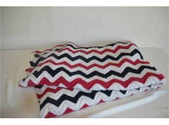 (#117A) Vintage Crochet Blue, Red White Blanket