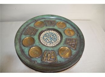 (#42) Vintage Brass Turquoise Metal Judaica Seder Passover Plate 12'Round X 4'H