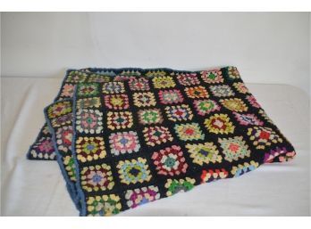 (#115) Vintage Crocheted Knitting Blanket Light Blue Trim 56x79