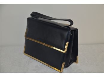 Vintage Leather Etra Black With Gold Metal Trim Evening Handbag Like New