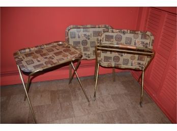(#144) Vintage Metal Foldable Stack Tables (3) With Rack