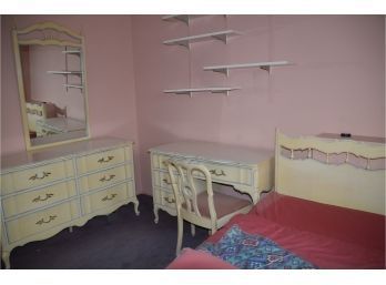 Vintage French Provincial Bedroom Set (5 Pieces - Dresser, Mirror, Desk, Chair, Headboard) - See Details