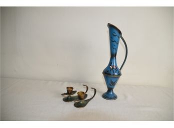 (#43) Vintage Brass Turquoise Metal Judaic Jug Pitcher And Candle Sticker Holder Both From Israel