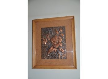 (#25) Hand Hammered Copper Flower Framed Artwork Wood Frame Cork Matting 14.5x17