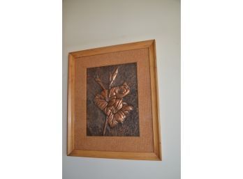 (#23) Hand Hammered Copper Flower Framed Artwork Wood Frame Cork Matting 14.5x17