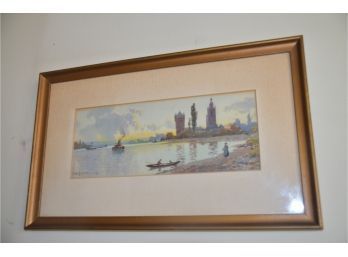(#17) Framed Watercolor Print By W. Marthisone European Castle Along The Water 16x10