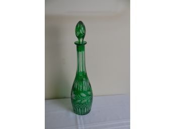 (#29) Wine Decanter Green Etched Crystal Glass 16'H With Stopper