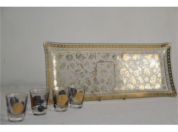 (#39) Vintage MCM George Briard Gold Glass Serving Vanity Tray And 4 Shot Glasses