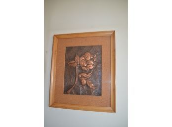 (#24) Hand Hammered Copper Flower Framed Artwork Wood Frame Cork Matting 14.5x17