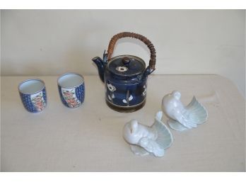 (#77) Pottery Tea Pot, Asian Cups (2), Ceramic Doves (2)