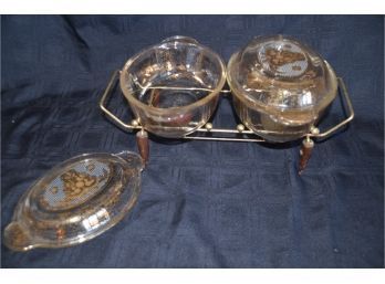 (#58) MCM Pair Of Fire King Casserole Gold Speckled 1-2qt 467 With Double Warming Stand Vintage