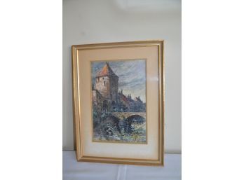 (#19) Framed Picture J.berclin Castle By Bridge 10x14