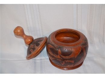 (#18) Wooden Hand Craved Covered Bowl 9'H