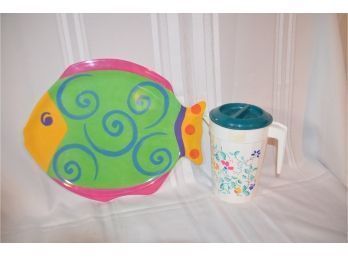 (#25) Plastic Serving Tray And Pitcher