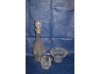 (#11) Cut Glass Wine Decanter, Relish, And Creamer