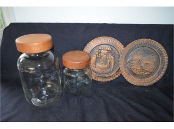 3 Piece Canister Set (look At Last Picture) With Brass Decor Plaque