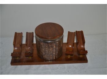 Wooden 4 Tobacco Smoking Pipe Stand Holder With Clear Glass Tobacco Jar Humidor -Nice!