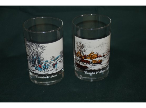 (#146) Currier & Ives Pair Of Glasses 'winter Pastime', 'american Farm In Winter'