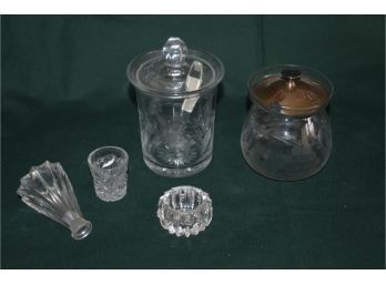 (#154) Glass Etched Jelly Jars Lot Of 2, Crystal Items (2), Decanter Stopper,