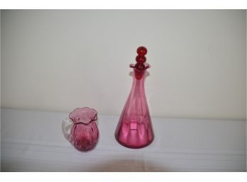 (#17) Cranberry Glass Decanter And Small Glass Pitcher