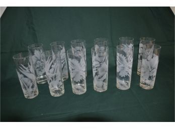 (#144) Vintage 12 Tumbler Etched Flowers Glass 7'H