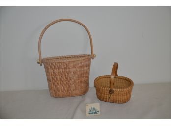 (#176) Signed Small Wicker Basket Larry Brewster 1996, Unsigned Wall Hanging Weaved Handle Basket