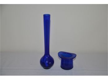 (#62) Cobalt Blue Bud Vase 9'H And Mini Toothpick Hat Holder 2.5'H
