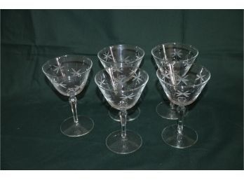 (#141) Vintage MCM Crystal Wine Etched Burst Glasses (5)
