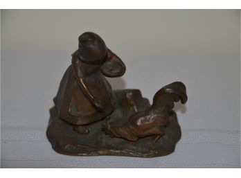 (#57) Metal Bronze? Figurine Girl With Rooster Sculpture Statue 4'H