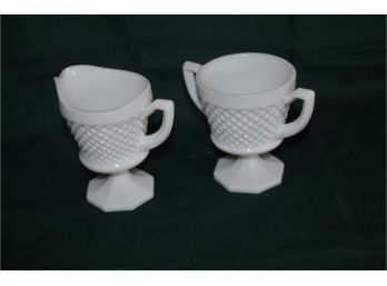 (#161) Milk Glass Diamond Cut Pattern Sugar And Creamer Set