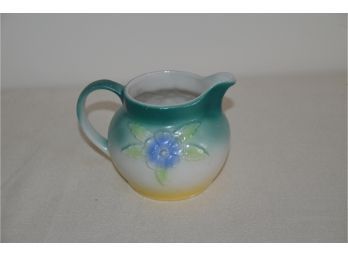 (#164) Vintage Made In Czecho-slovekia Unique Pottery Green Pitcher Flower Detail