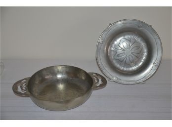 (#73) M.newell 1940/1941 Pewter Bowl 8' And Shamrock Plate 8'