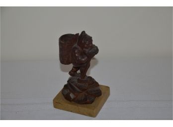 (#56) Hand Craved Wooden Figurine On Marble Base 5.5'H