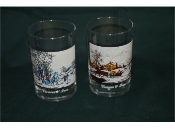 (#146) Currier & Ives Pair Of Glasses 'winter Pastime', 'american Farm In Winter'