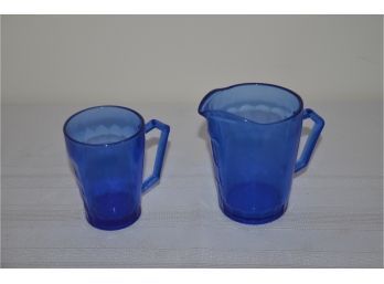 (#71) Vintage Cobalt Blue Depression Glass Pitcher 4'H And Mug 3'H