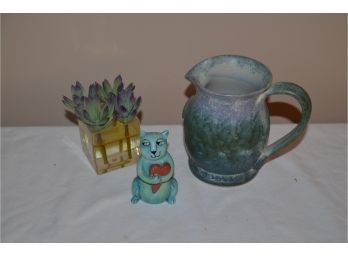 (#58) Pottery Pitcher And Figurine Cat, Artificial Plant