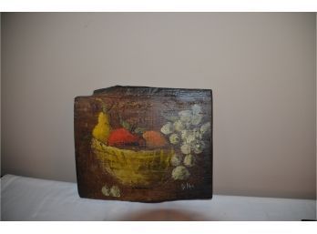 (#55) Wooden Plaque Painted Fruit Basket Picture 11x9