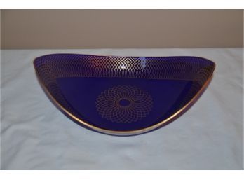 (#30) MCM Vintage Coronaglas Denmark Cobalt Blue Glass Gold Details Bowl 10.5x7.5