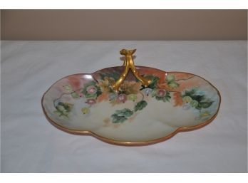 (#17) Antique Limoges France Porcelain One Handled Nappy Candy Dish Floral Design Gold Guilted Trim 10.5'w