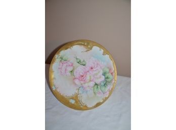 (#23) Antique T&V France Porcelain Gold Guilted Trim Center Pink Rose Flowers