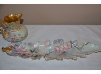 (#18) Antique T&V Limoges France Hand Painted Floral Gold Guilted Trim Celery Dish Tray And C.T. Pitcher