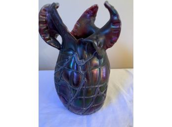 (#66) Exquisite Purple And Black Iridescent Art Glass Vase Ruffed Top Edge Hand Blown