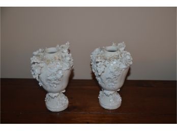 (#12) Antique Porcelain Bud Vases Raised Applied Floral Design 6.5'H (some Chips)