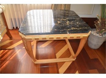 Black Marble With Tan/white Marbleized, Wood Gold Gilded Base End Table
