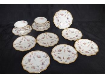(#63) Royal Crown Derby 'royal Antoinette' (2 Cups And 9 Saucers) Fine Bone China