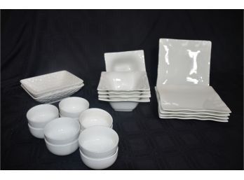 (#93) Red Vanilla Serving Plates (5) Bowls (5) Dipping Cups (10) Square Bowls (2)