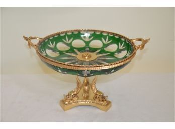 (#6) Cristallerie Montbronn Compote Pedestal Bowl Lead Crystal Hand Cut Green Glass And Brass